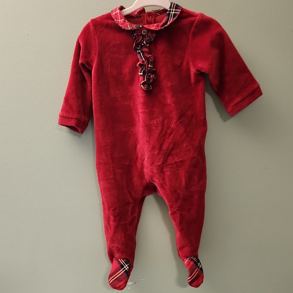 Jacadi Paris Red Plaid Accent Footed Onesie